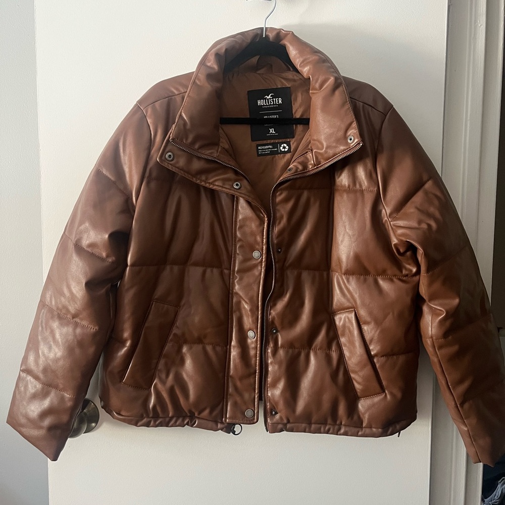 Hollister Chestnut Brown Quilted Faux-Leather Puffer Jacket